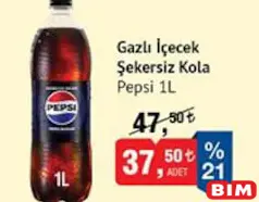 PEPSİ GAZLI İÇECEK ŞEKERSİZ KOLA 1 L fiyat ve kampanya bilgisi
